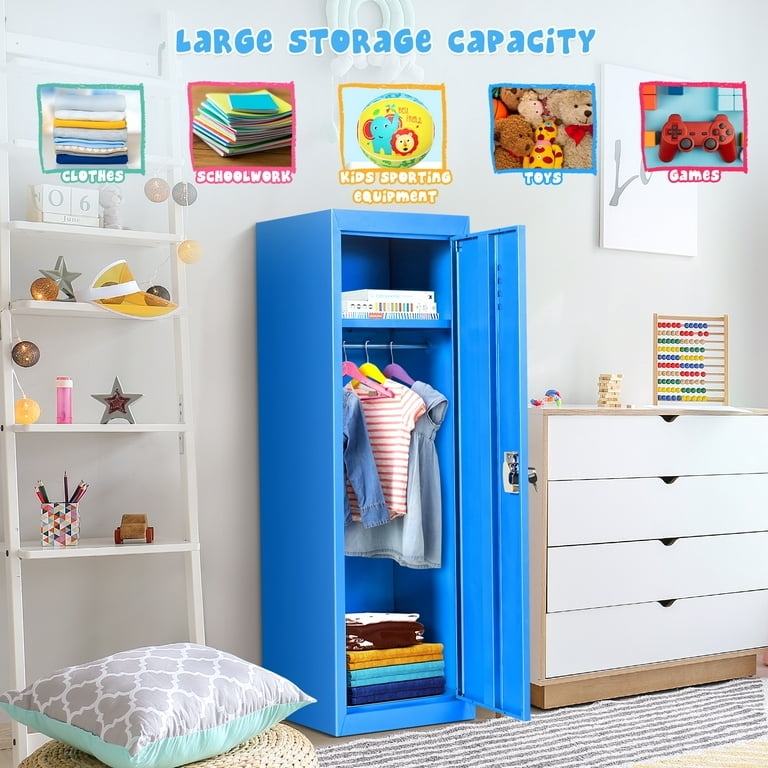 Storage Locker Bright Blue Metal Slim Profile Hanging Rod Lockable Cabinet