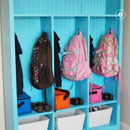 Storage Locker Turquoise Blue Painted Beadboard Back Triple Section