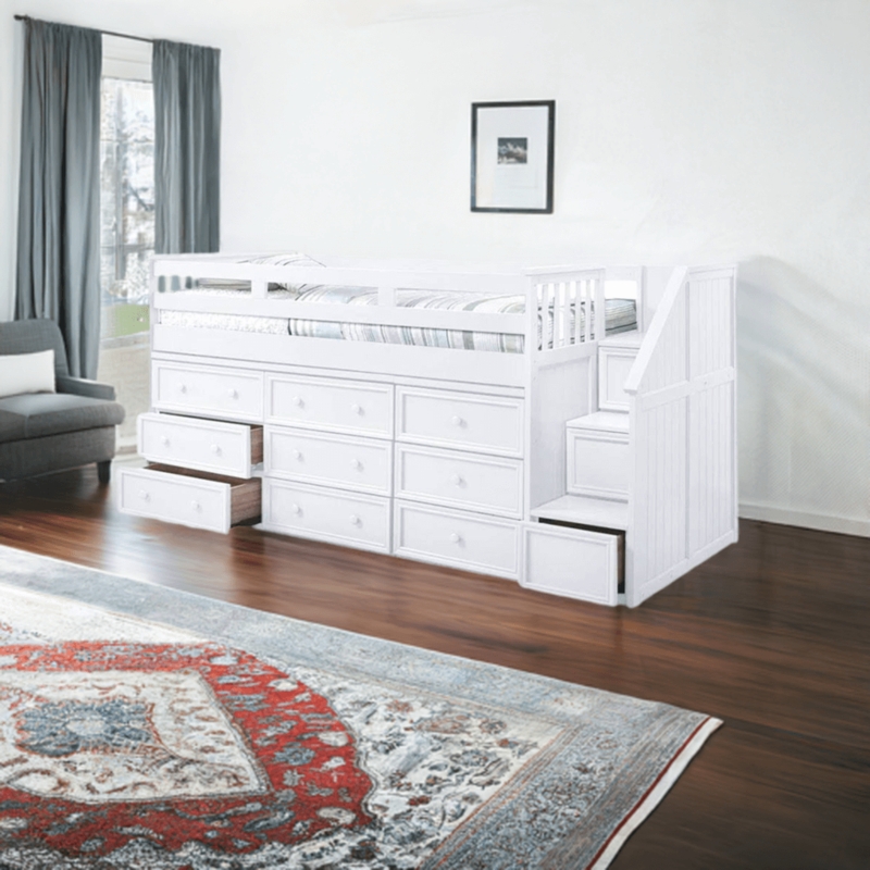 Storage Low Loft Bed with Nine-Drawer Dresser and Beadboard Stairs