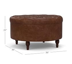 Storage Ottoman: 36 Inch Diameter, Saddle Brown, Espresso Legs.