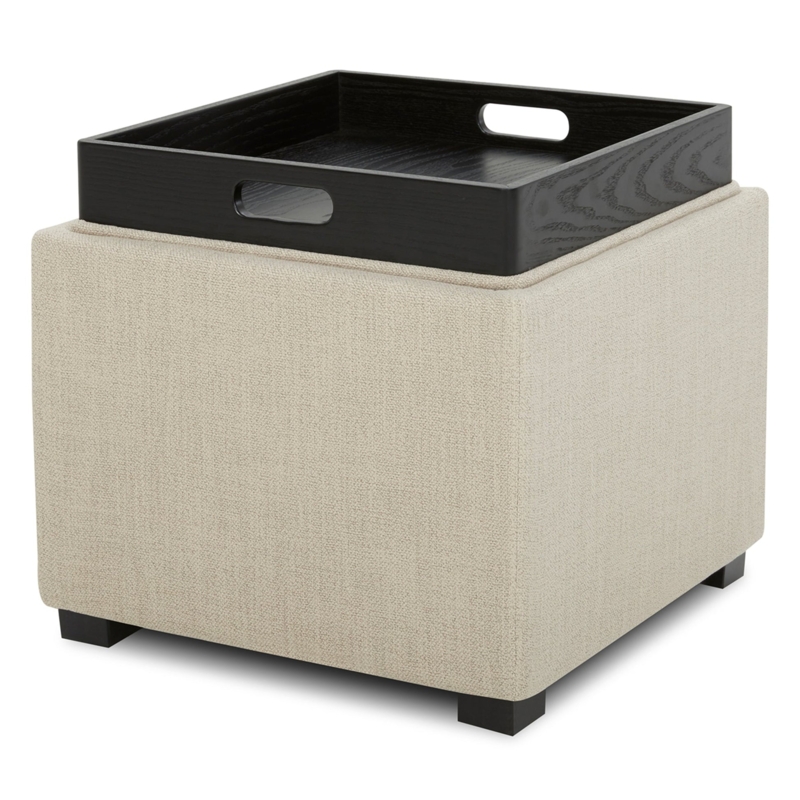 Storage Ottoman Beige Textured Weave Reversible Tray Lid Cube Footstool
