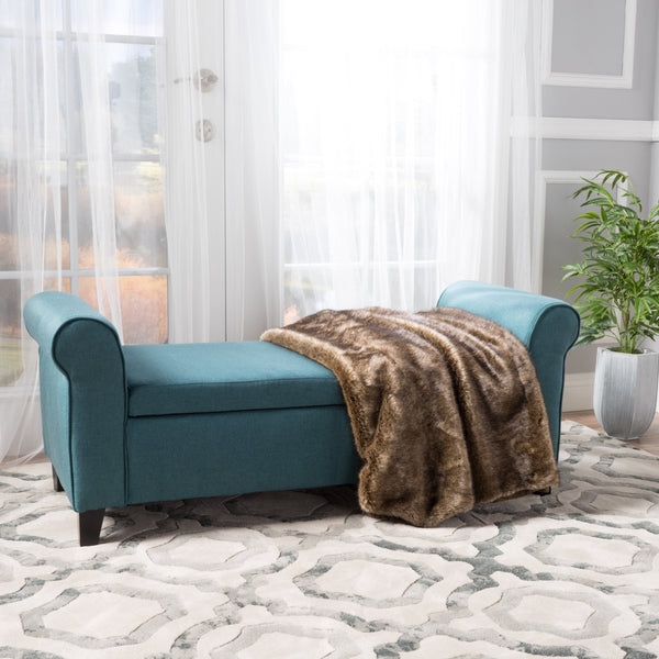 Storage Ottoman Bench: Teal Blue Textured Weave with Rolled Arms