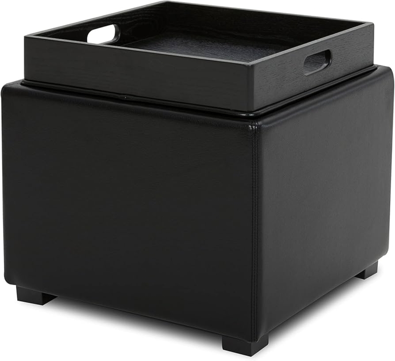 Storage Ottoman Black Wood Grain Tray Lid Cutout Handles Faux Leather