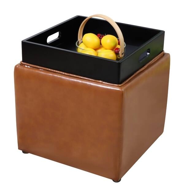 Storage Ottoman Cognac PU Leather Matte Black Tray Integrated Handles