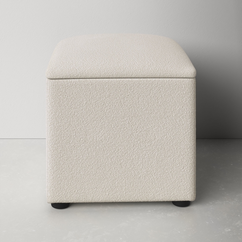 Storage Ottoman Cream White Boucle Fabric Rounded Lid Low Profile Feet