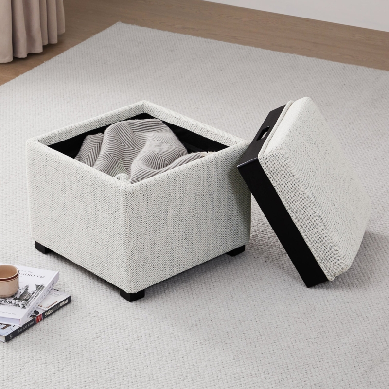 Storage Ottoman Cream White Textured Upholstery Matte Black Accents Tray