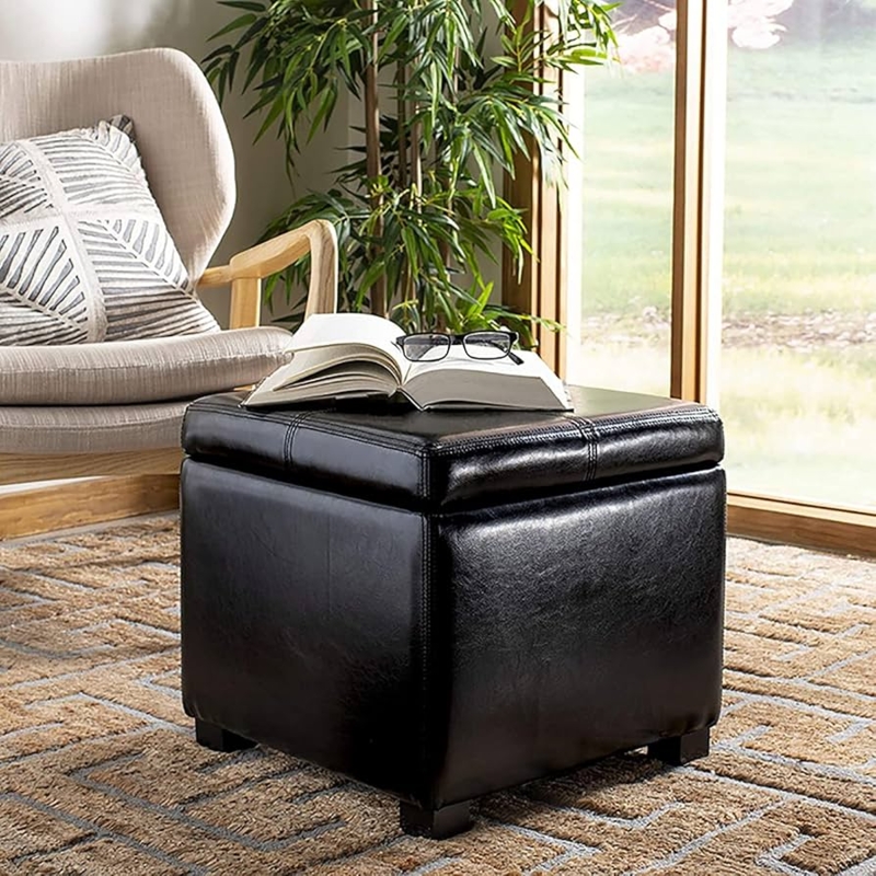 Storage Ottoman Cube in Matte Black with Decorative Stitching