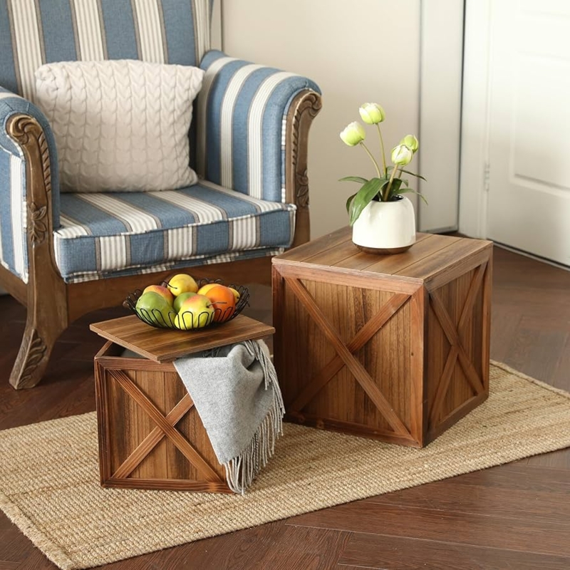 Storage Ottoman Cube Set with X Brace Side Panel and Removable Lid