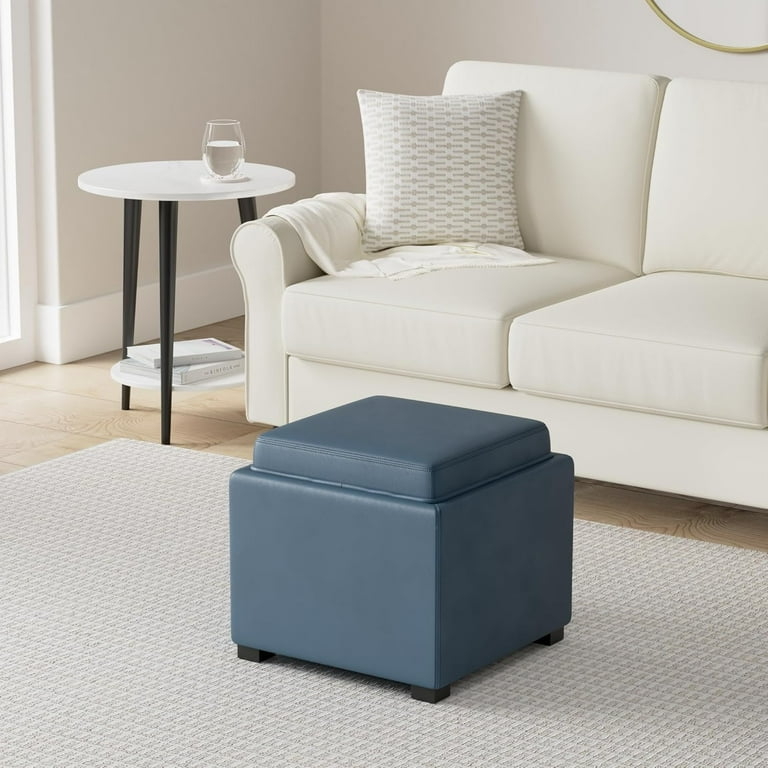 Storage Ottoman Dark Blue Leather Like Padded Top Tray Lid Block Feet