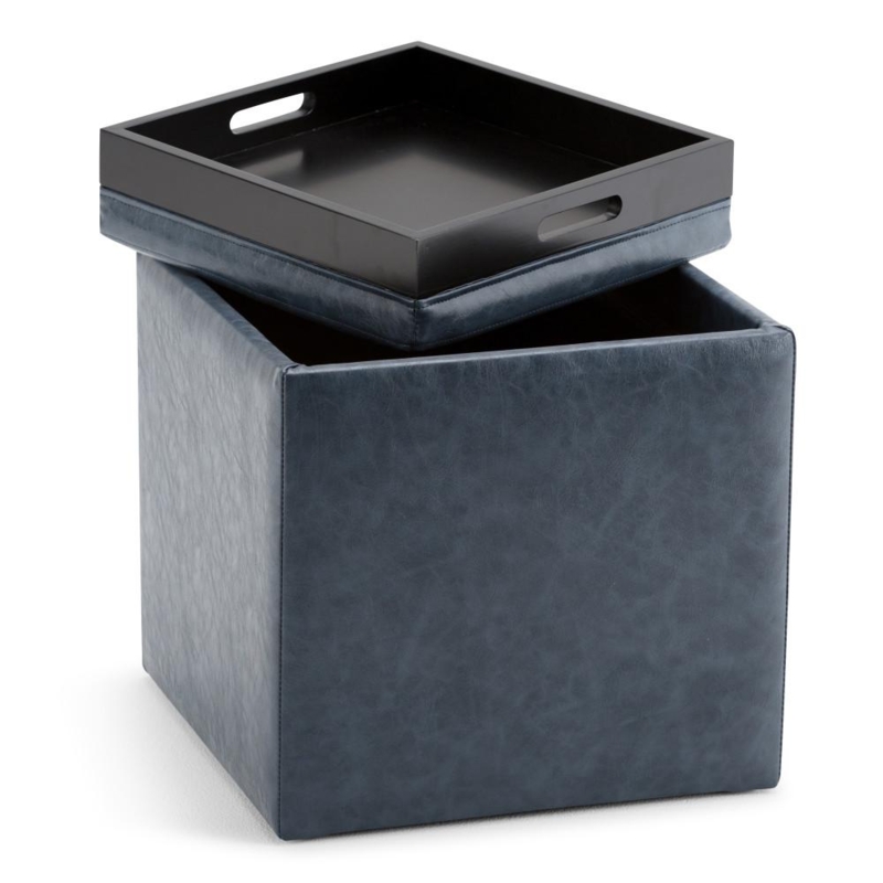 Storage Ottoman Denim Blue Faux Leather Flip Top Tray Perimeter Stitching