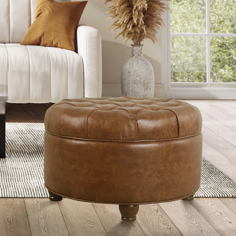 Storage Ottoman: Distressed Finish Lid, Bun Feet, Cognac Brown.