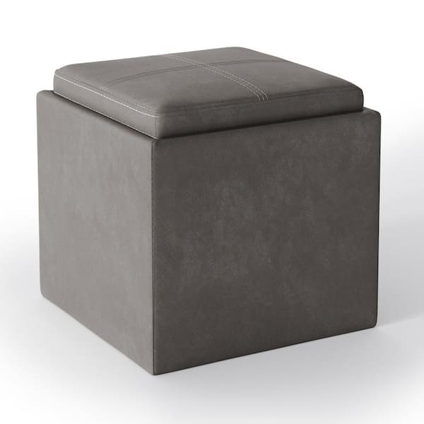 Storage Ottoman Distressed Slate Grey Contrast Stitching Vegan Leather