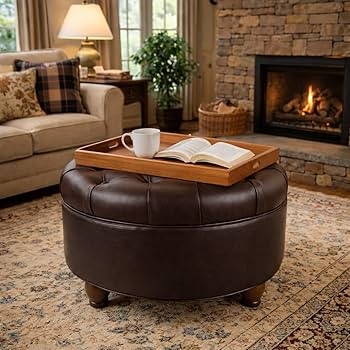 Storage Ottoman featuring Button Tufted Sides, Rustic Traditional Brown.