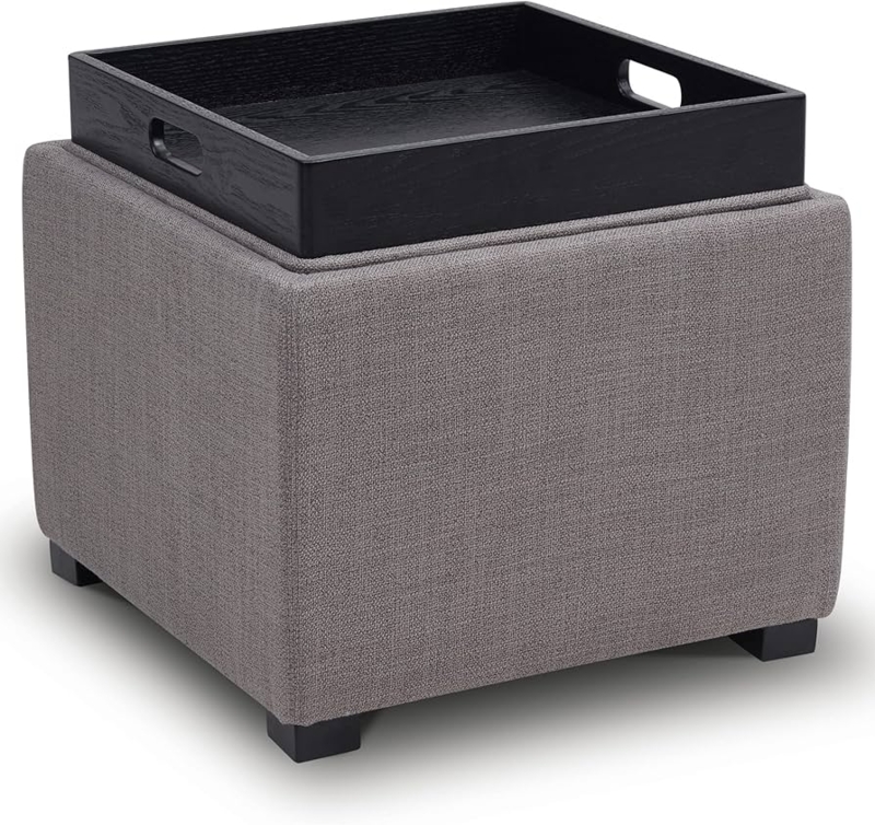 Storage Ottoman Flint Grey Fabric Tray Lid Cutout Handles Modern Cube