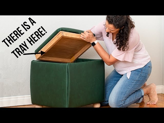 Storage Ottoman Forest Green Leather Like Integrated Wooden Tray Bun Feet