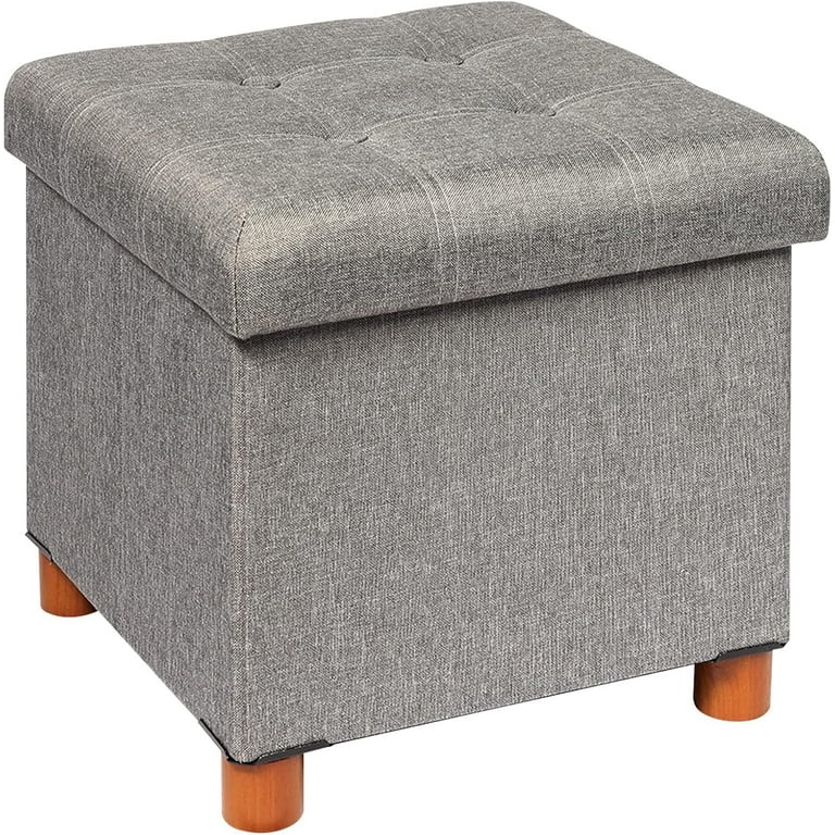 Storage Ottoman Heathered Grey Button Tufted Top Wood Toned Legs Cube