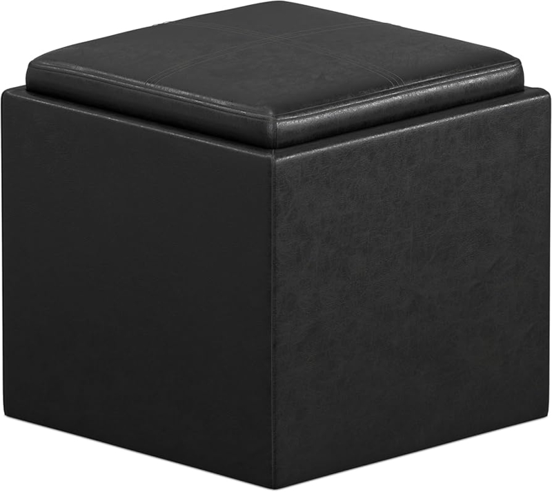 Storage Ottoman in Distressed Black featuring Cross Stitch Detail
