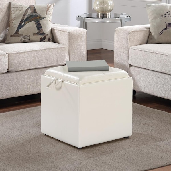 Storage Ottoman Ivory Faux Leather Pull Tab Handle Reversible Tray Cube