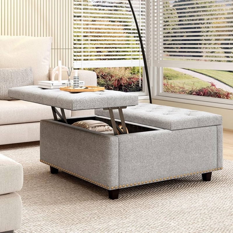 Storage Ottoman: Lift Top, Light Grey Fabric, Nailhead Trim