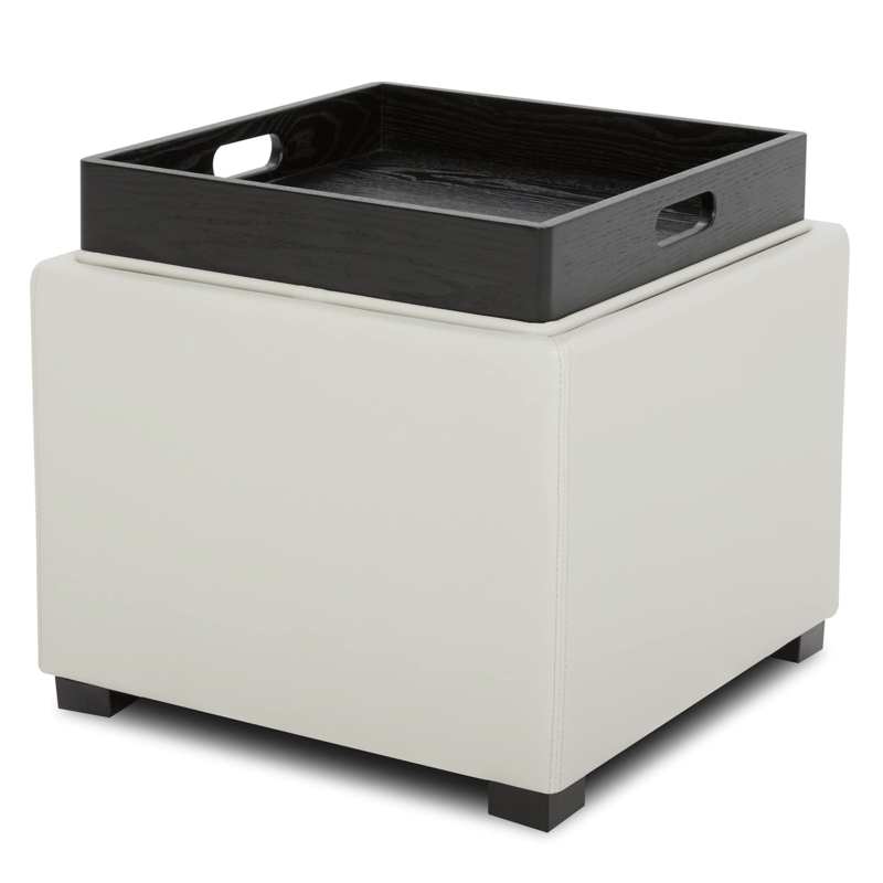 Storage Ottoman Light Gray Tray Lid Cutout Handles Modern Accent Footrest