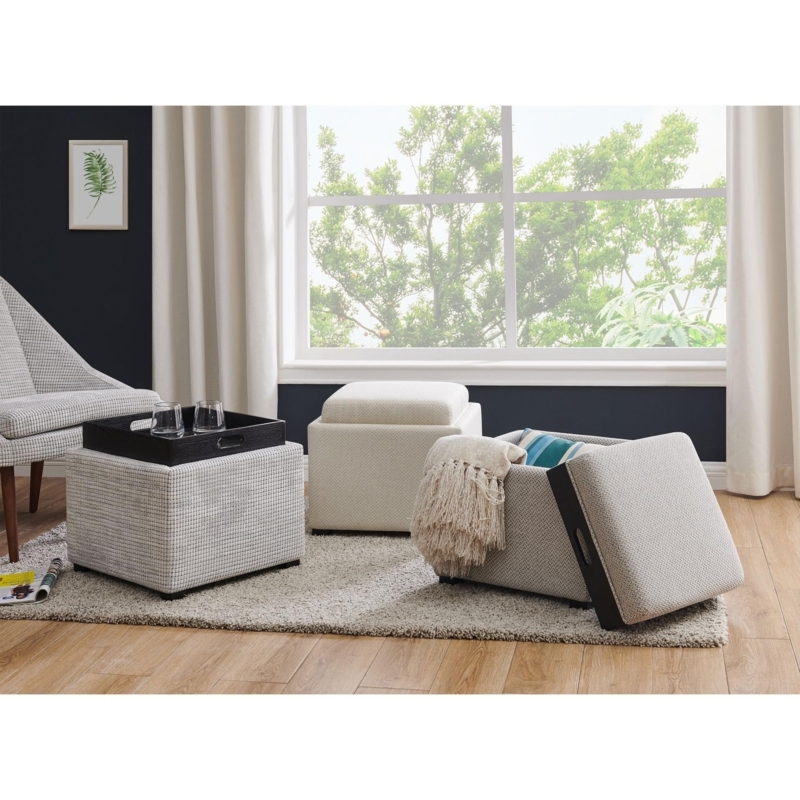Storage Ottoman Oatmeal Beige Micro Grid Pattern Flip Top Tray Footstool