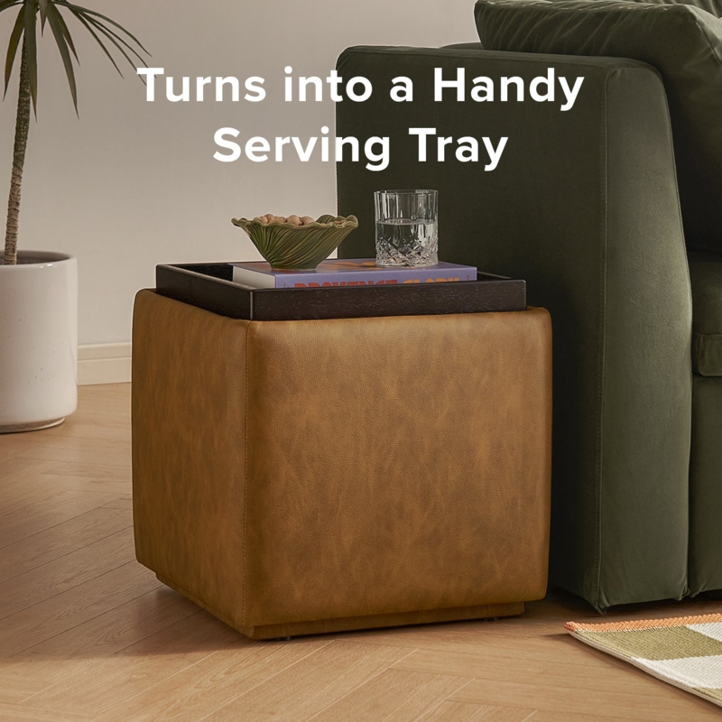 Storage Ottoman Pecan Brown Leather Like Integrated Tray Recessed Top