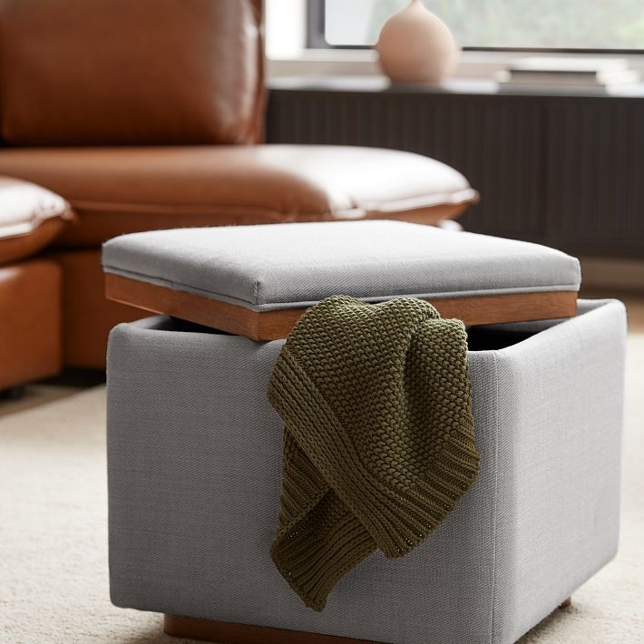 Storage Ottoman Pewter Gray Chenille Tweed Cool Walnut Tray Top Modern