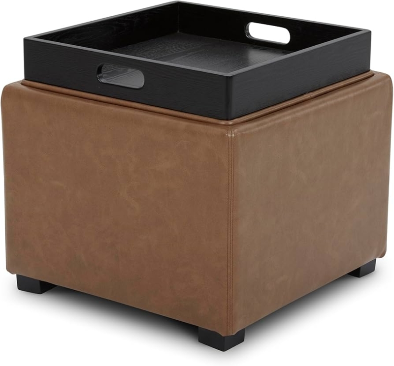 Storage Ottoman Saddle Brown Leather Like Tray Lid Dual Purpose End Table