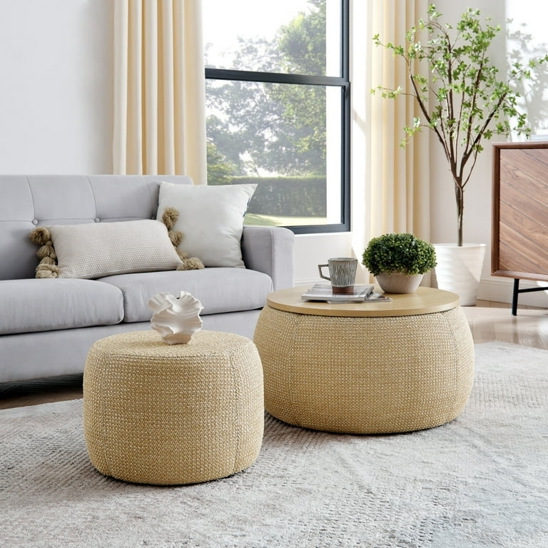 Storage Ottoman Set of Two, Woven Drum 2-in-1 Coffee Table