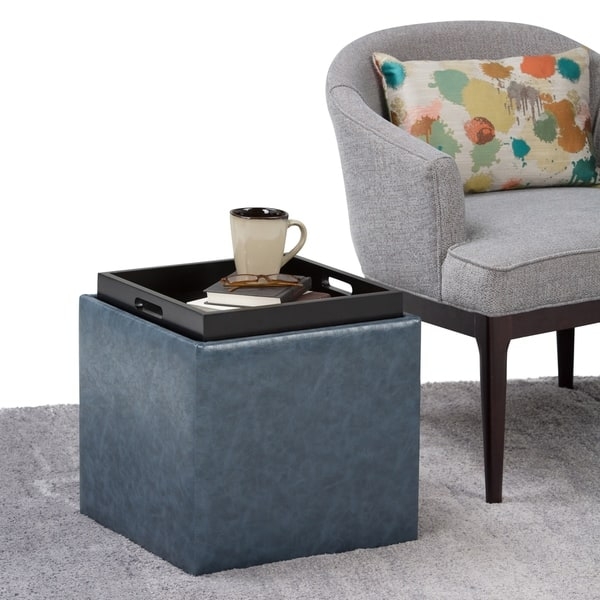 Storage Ottoman Slate Blue Upholstery Integrated Serving Tray Cube