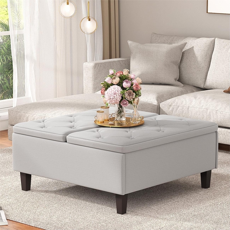 Storage Ottoman: Split Lid Lift Top Ottoman, Linen Grey Tufted Fabric