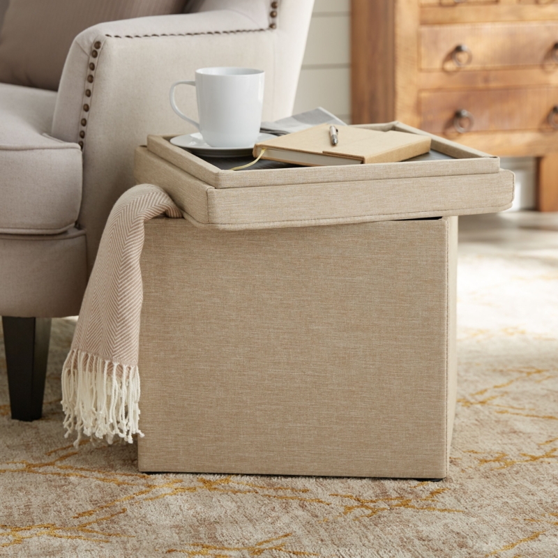 Storage Ottoman Tan Polyester Weave Reversible Tray Lid 16 Inch Cube