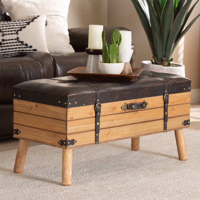 Storage Ottoman Trunk with Buckled Straps and Plank Design