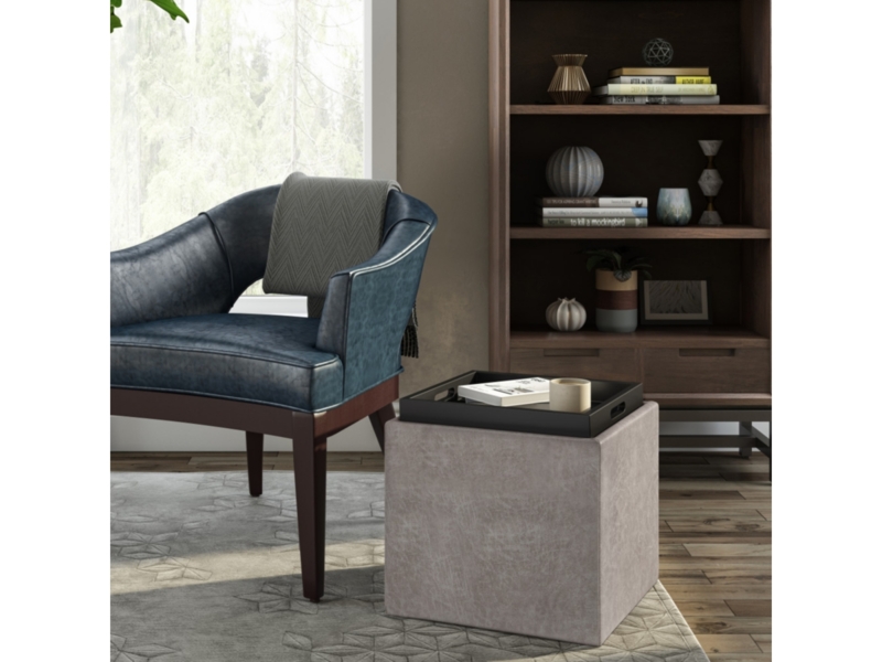 Storage Ottoman Warm Grey Upholstered Removable Tray Compact Cube