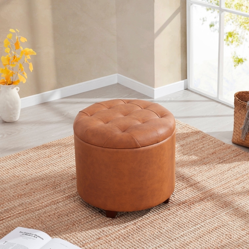 Storage Ottoman with Button Tufted Lid, Cylindrical Cognac Design.