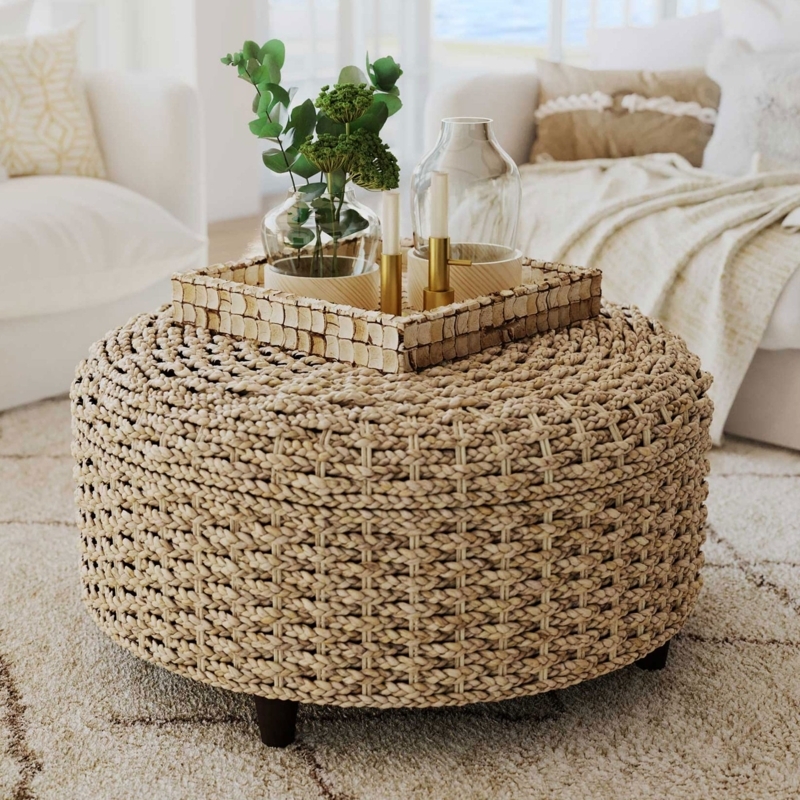 Storage Ottoman with Chunky Braided Texture, Round Woven Pouf, Tapered Feet