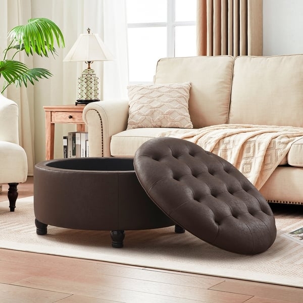 Storage Ottoman with Removable Lid, Chocolate Brown, Turned Legs.