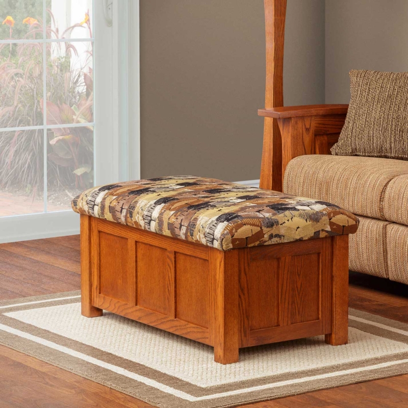 Storage Ottoman with Wood Paneled Base and Patterned Cushion