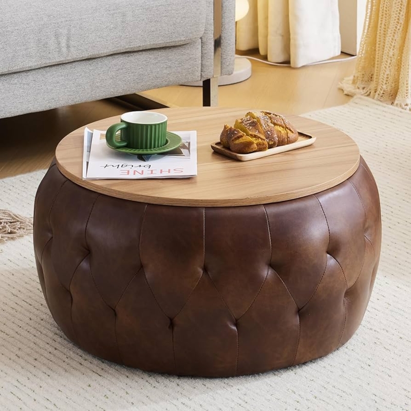 Storage Ottoman: Wood Toned Top, Diamond Tufted Drum Base.