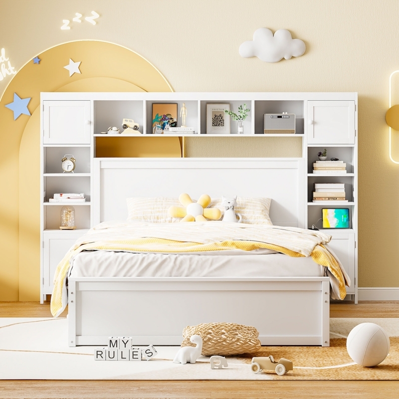 Storage Platform Bed with All-in-One Cabinet, Integrated Bookshelf