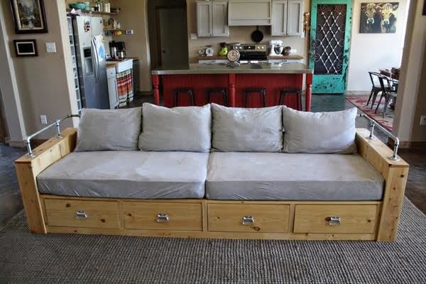 Storage Sofa with Industrial Pipe Railing and Drawers