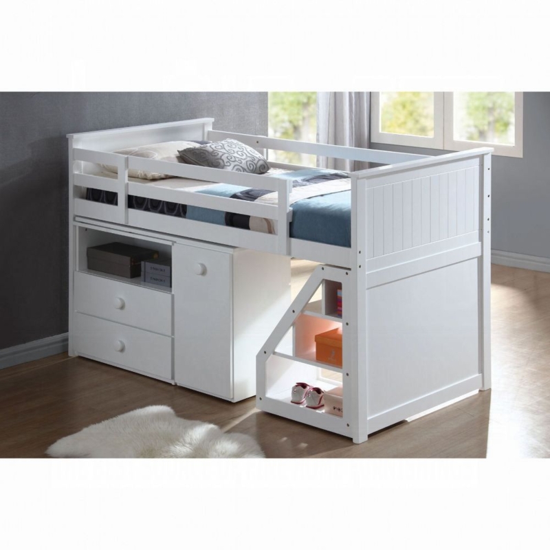 Storage Steps Loft Bed With Pull-Out Desk And Round Knobs, White Wood
