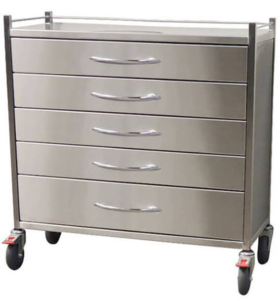 Storage Trolley Five Drawers Brushed Stainless Steel Industrial Cart