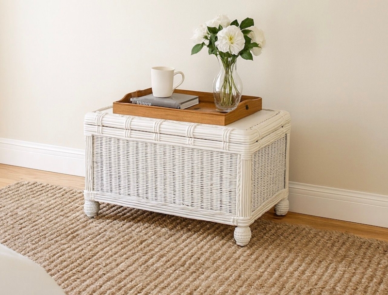 Storage Trunk featuring Small Bun Feet in Whitewashed Wicker