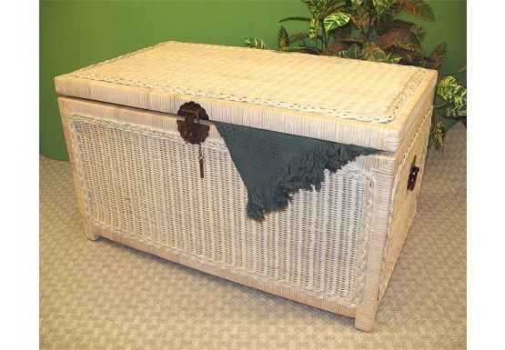 Storage Trunk in Whitewashed Wicker with Ornate Metal Latch
