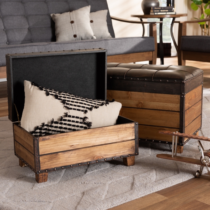 Storage Trunk Ottoman Set with Rivet Detailing and Wood Slats