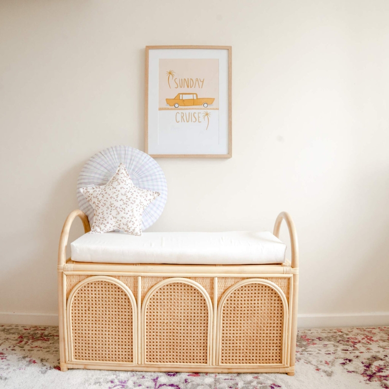 Storage Trunk with Arched Cane Panels in Coastal Boho Style