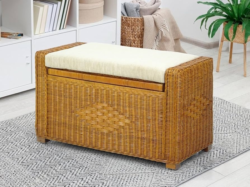 Storage Trunk with Diamond Weave Pattern, Padded Cushion Top Ottoman Bench