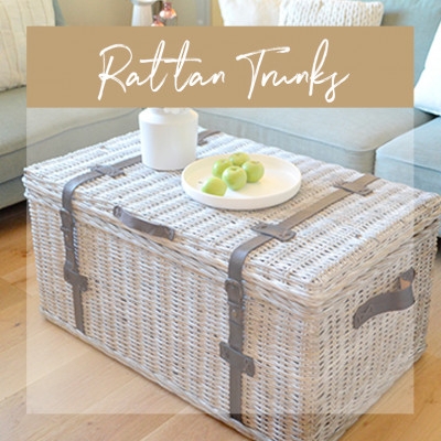 Storage Trunk with Grey Buckle Straps and Whitewashed Finish
