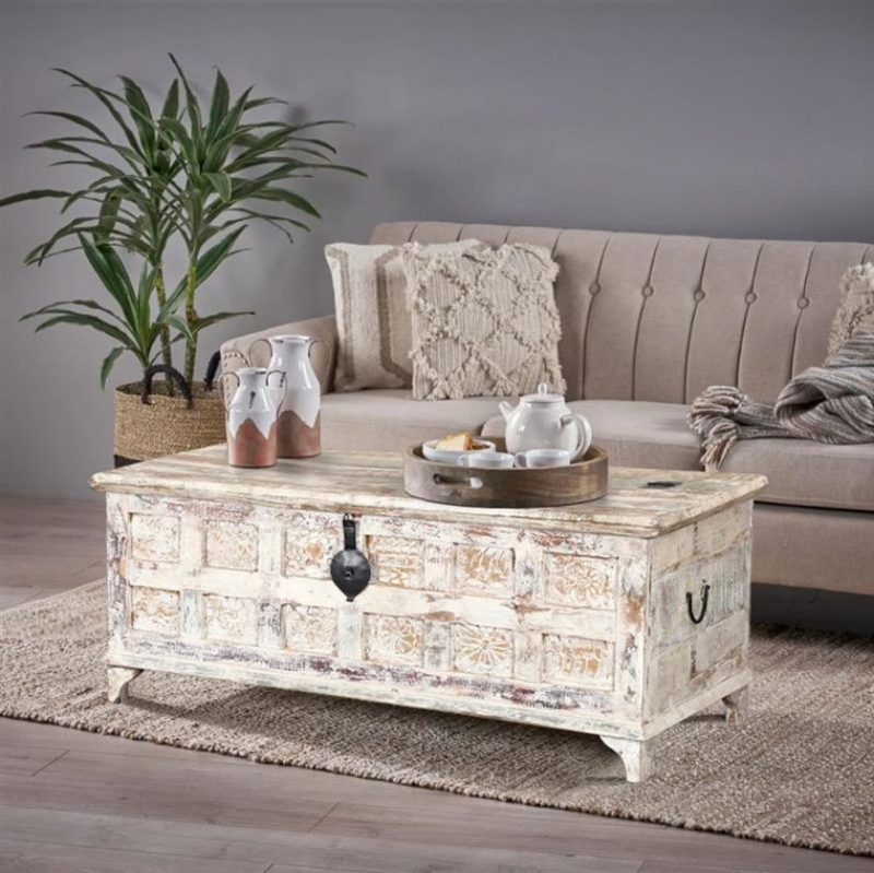 Storage Trunk with Ornate Carved Panels: Whitewashed Farmhouse